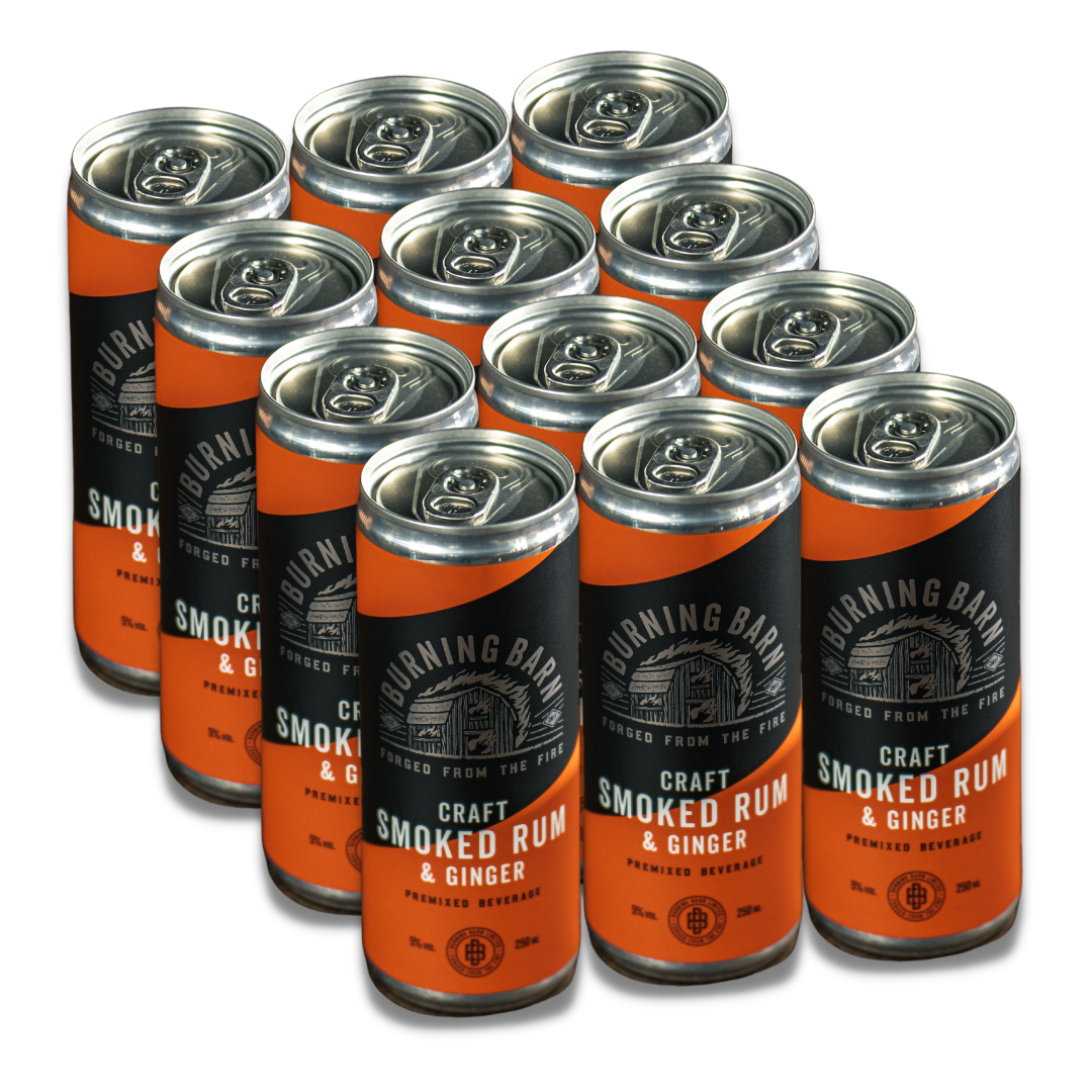 BURNING BARN SMOKED RUM & GINGER CANS 5% 12 x 250ML