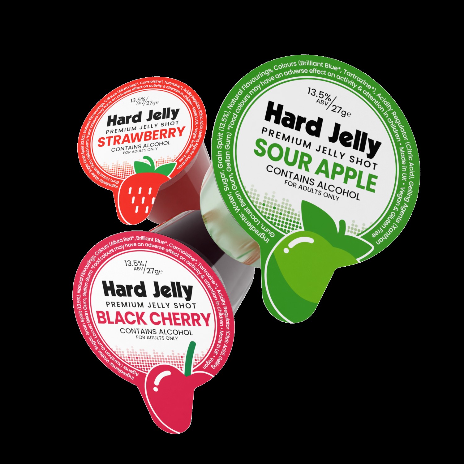 PREMIUM ALCOHOLIC JELLY SHOTS 13.5%STRAWBERRY, APPLE, BLACK CHERRY 15 SHOTS