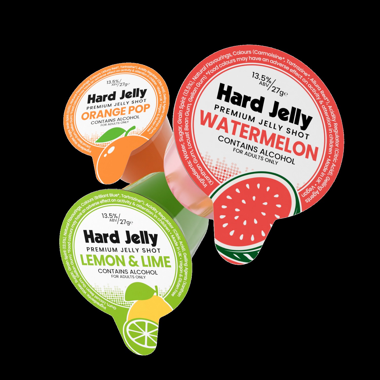 PREMIUM ALCOHOLIC JELLY SHOTS 13.5%WATERMELON, ORANGE & LEMON&LIME 15 SHOTS