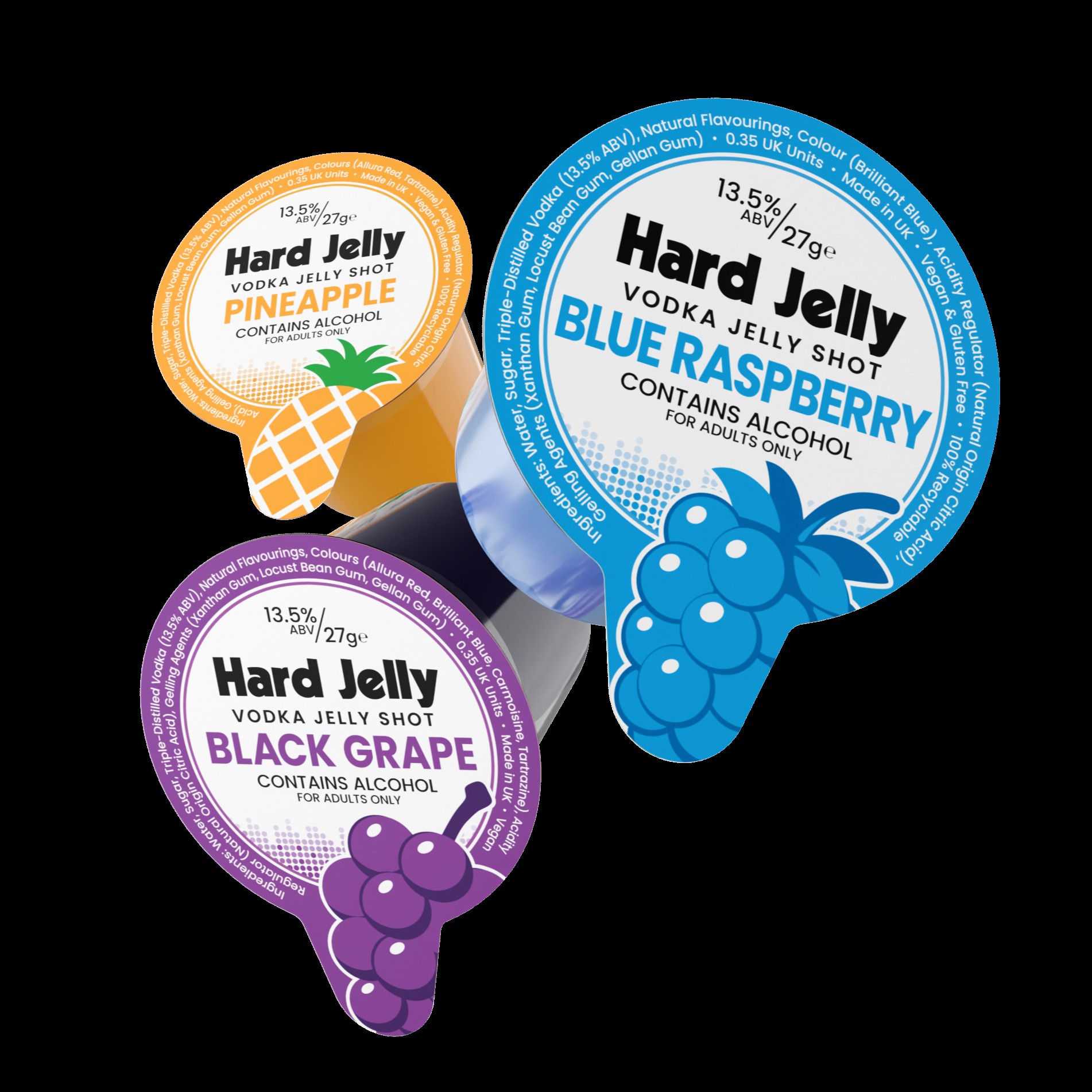 PREMIUM ALCOHOLIC JELLY SHOTS 13.5% BLUE RASPBERRY, PINEAPPLE & GRAPE 15 SHOTS